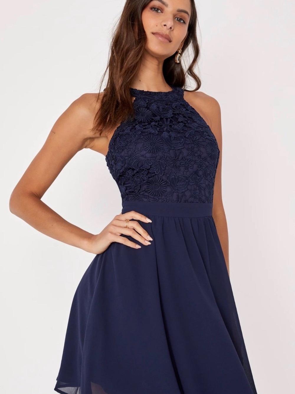 Lulu's Navy Blue Halter Lace Bodice Skater Dress